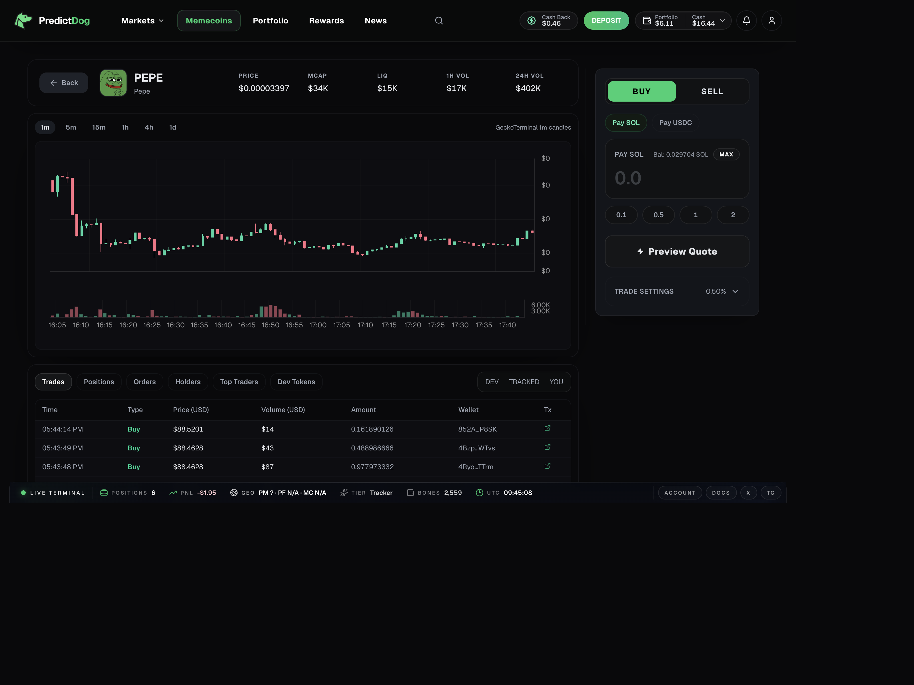 PredictDog memecoin trade panel and quote entry