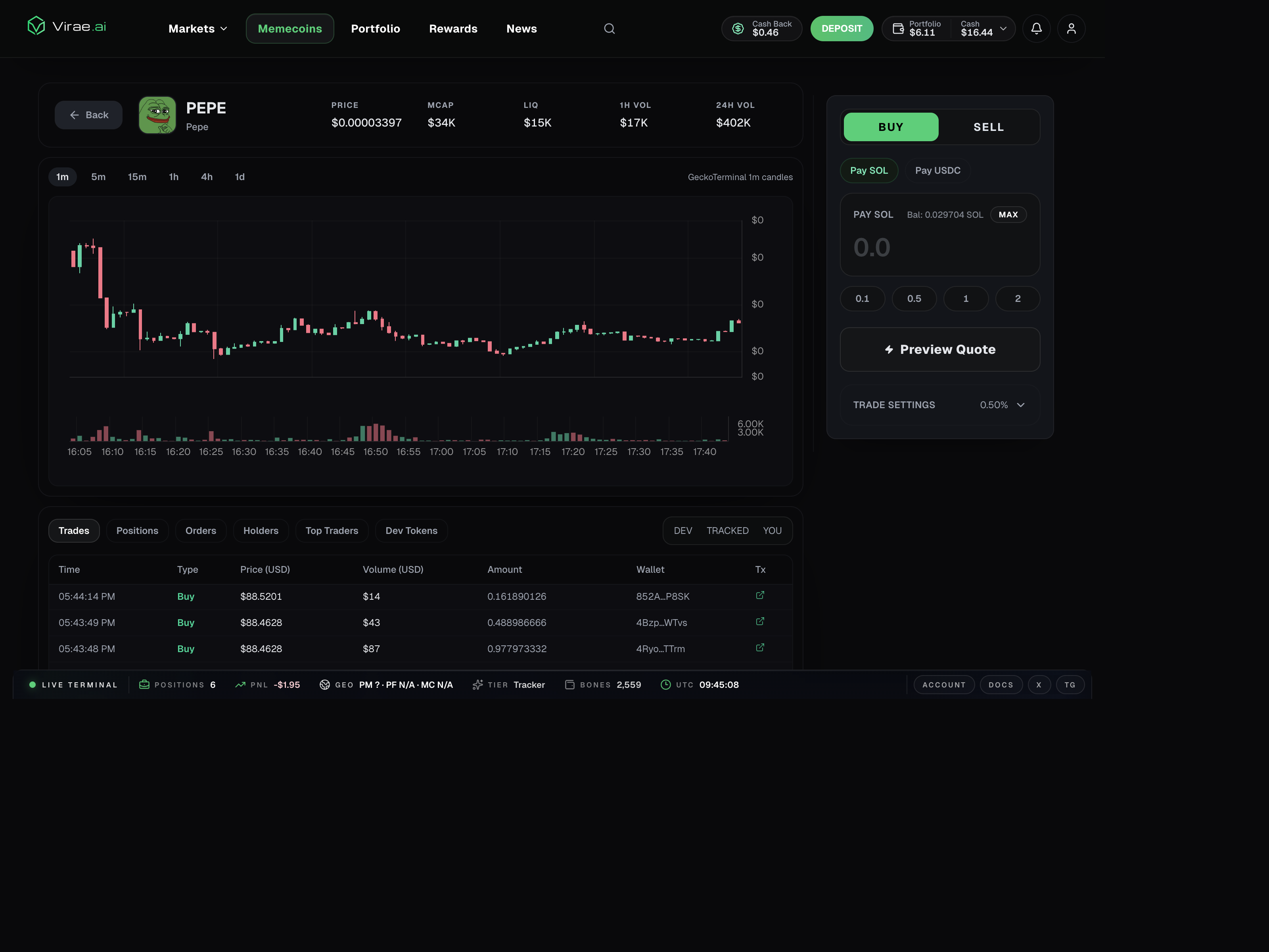 Virae memecoin trade panel and quote entry