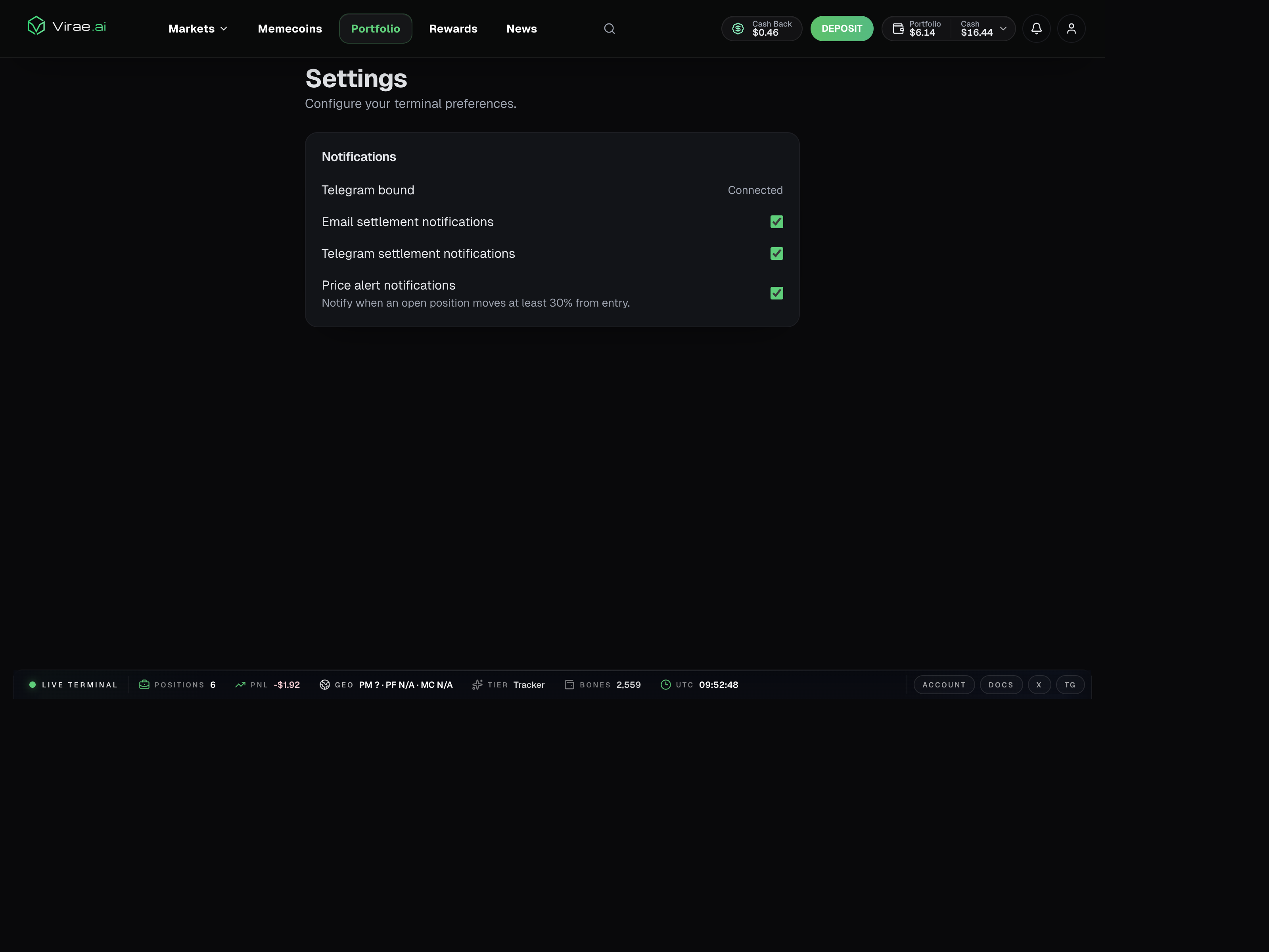 Virae settings showing Telegram binding