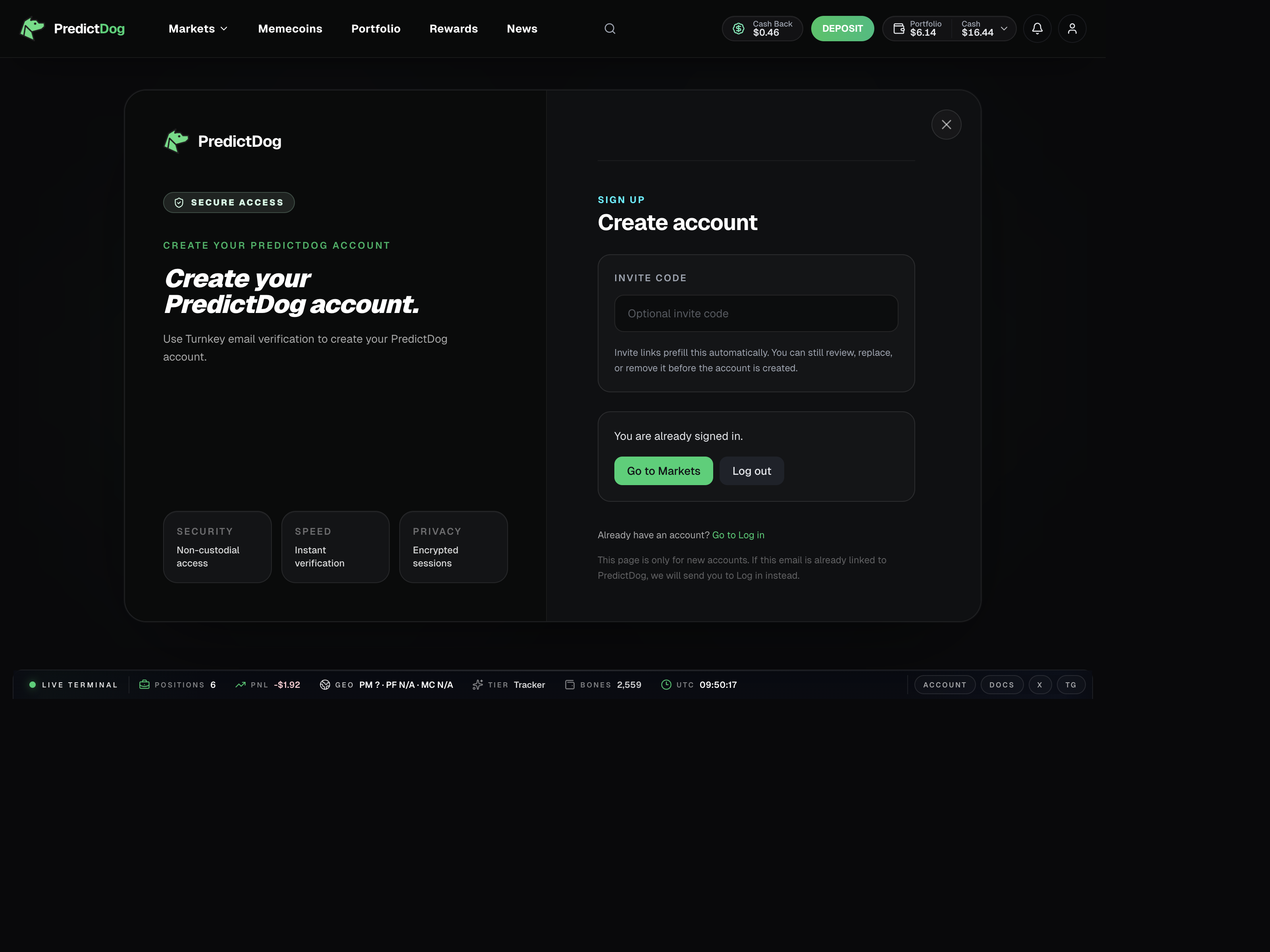 PredictDog signup flow