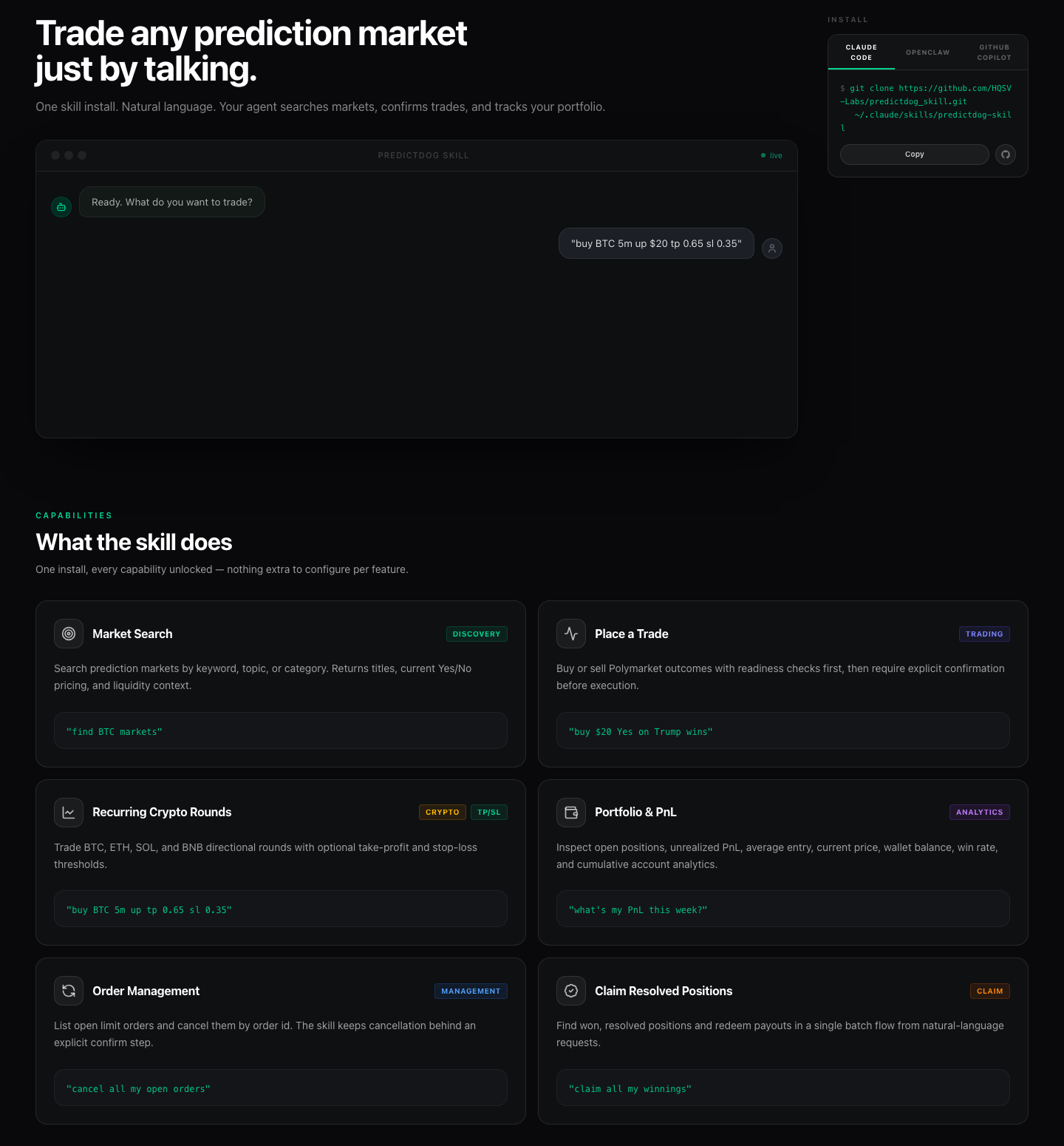 PredictDog Skills page — 6 capability cards